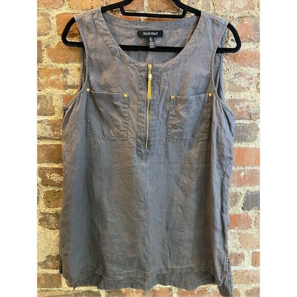 Ellen Tracy Tops - ELLEN TRACY • Denim Sleeveless 1/4 Gold Metal Front Zip Detail Scoop Neck Double